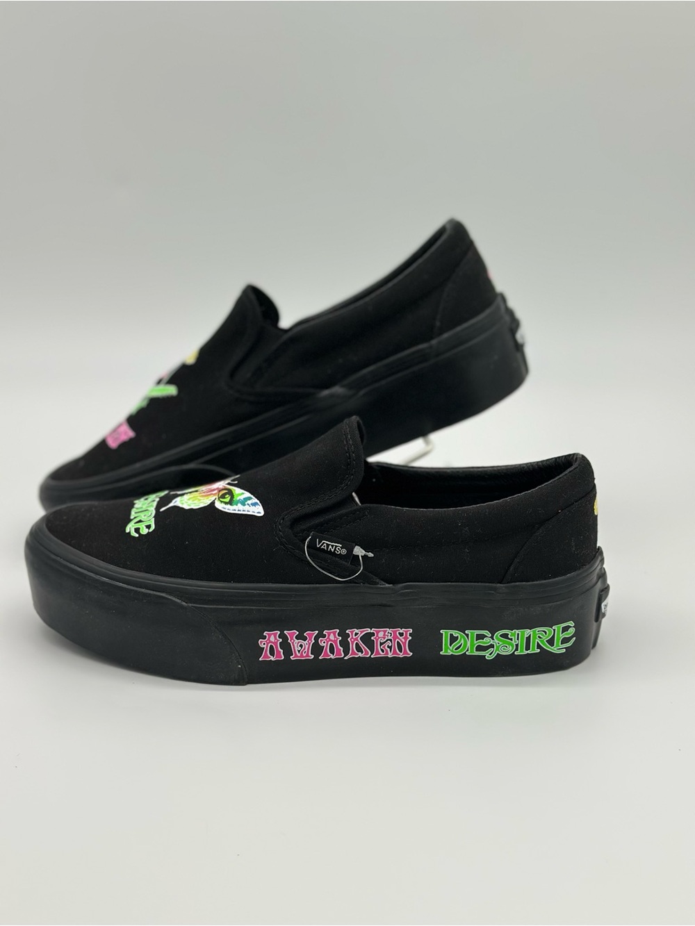 Vans Black Slip-On Platform Sneakers with Neon Pink & Neon Green Accents